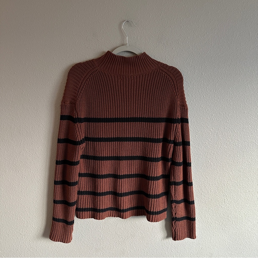 Evereve Brown and Black Striped Mockneck Cotton Sweater Small - Picture 5 of 8